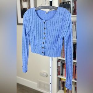 Twik Cable knit short cardigan, small, periwinkle blue